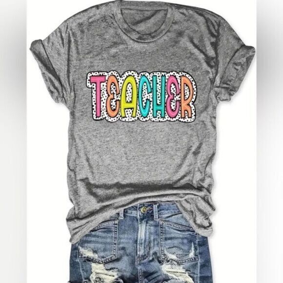 NWT Women’s Gray Short Sleeve Graphic Tee Shirt Multi Color “TEACHER” Size Large - Picture 1 of 2